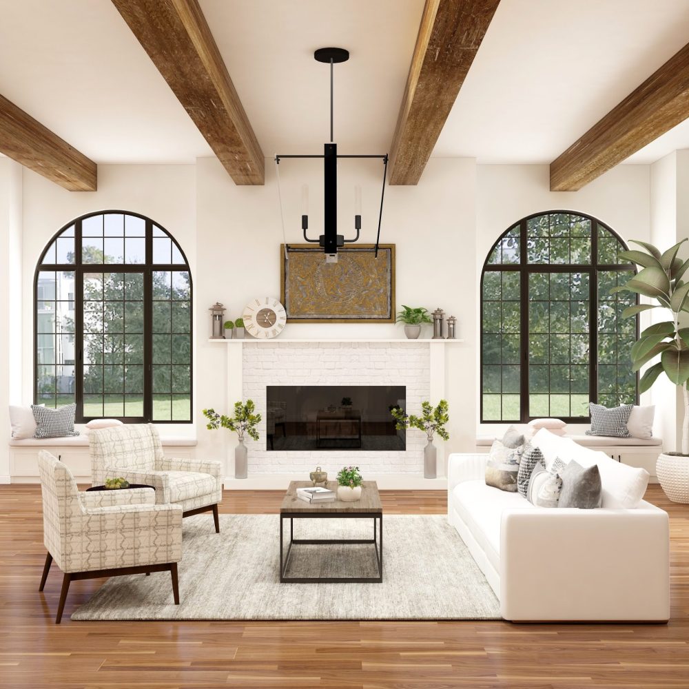 modern living room scene with stunning wooden beams, feature windows and a crisp white sofa