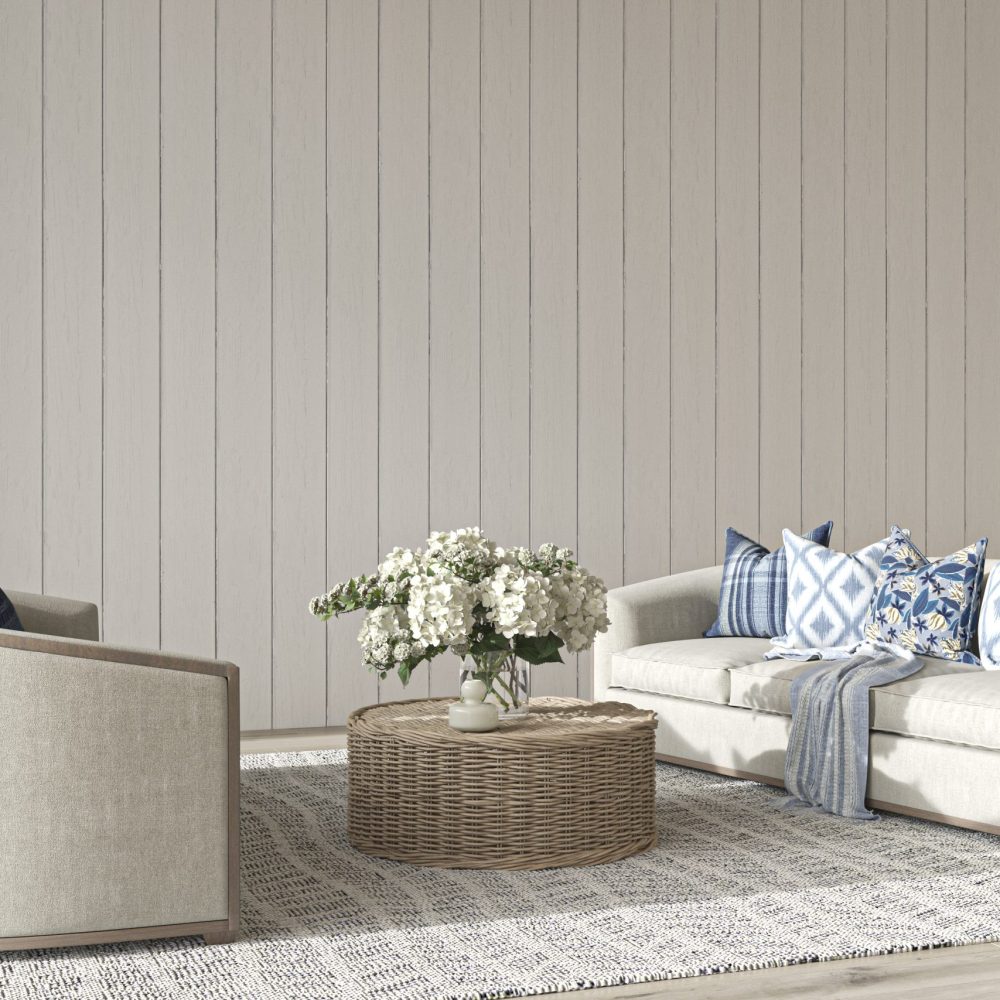 Coastal design living room. Mock up white wall in cozy home interior background. Hampton style 3d render illustration.